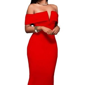 V Neck Off the Shoulder Bodycon Midi Dress Red